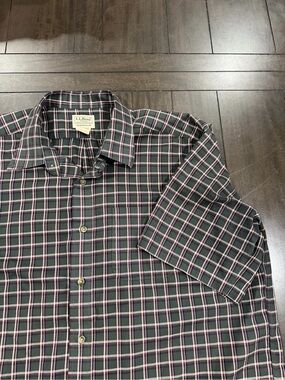 L.L. Bean Green Plaid Short-Sleeve Button-Up Shirt with Red and White Stripes